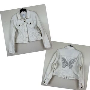 Old Navy Cropped Denim Jean Jacket Off White Ecru Custom Bedazzled Butterfly L